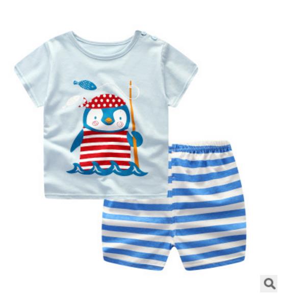 Blue Striped Penguin Baby Boy Clothing Set